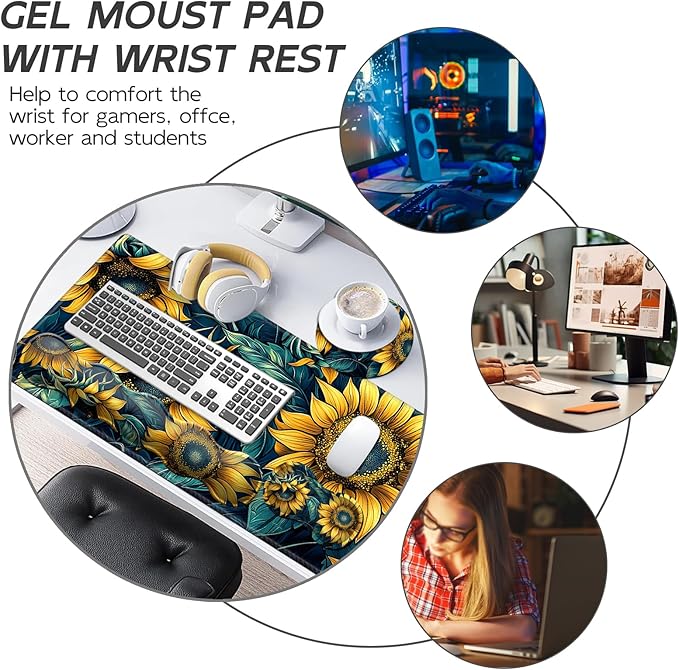 Gaming Mouse Pad Set, Sunflowers Pattern Large Desk Mat Mousepad, Keyboard Wrist Support, Mouse Wrist Rest, Coaster 4in1 Ergonomic Memory Foam, Non-Slip Stitched Edge for Home Office