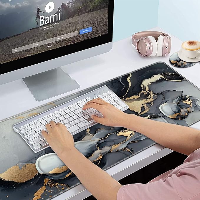 Keyboard Wrist Rest and Mouse Pad Wrist Support Set,Ergonomic Memory Foam Wrist Pad & Non Slip Base for Home Office Working Studying Easy Typing,Black Gold Marble