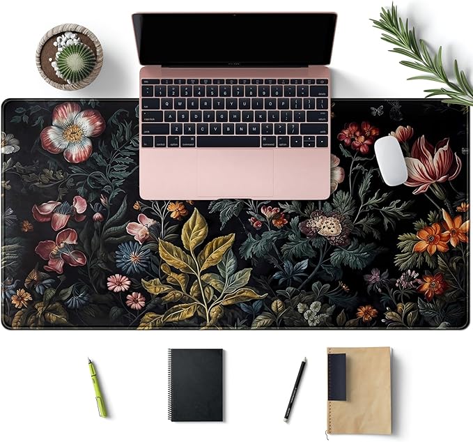 Floral Desk Mat Dark Vintage Aesthetic Desk Pad Flower Plant Black Extended Mouse Pad Large Gaming Mousepad XXL Laptop Computer Mouse Keyboard Mat 31.5 x 15.7 in for Office Desk Decor