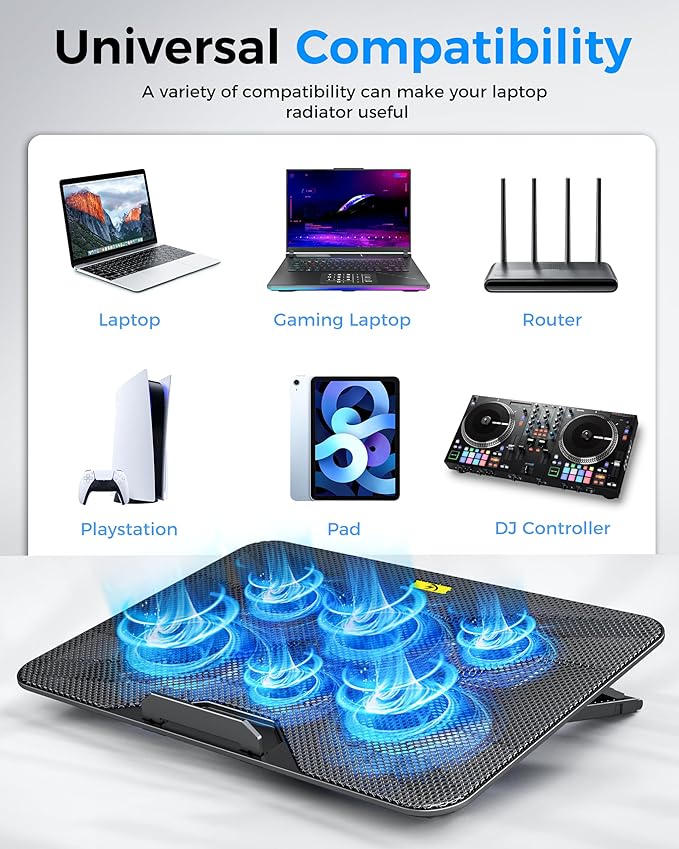 AICHESON Laptop Cooling Pad with 6 High-Speed Fans, Laptop Cooler with Adjustable Angles, Compatible with 14-17.3 Inch Laptops
