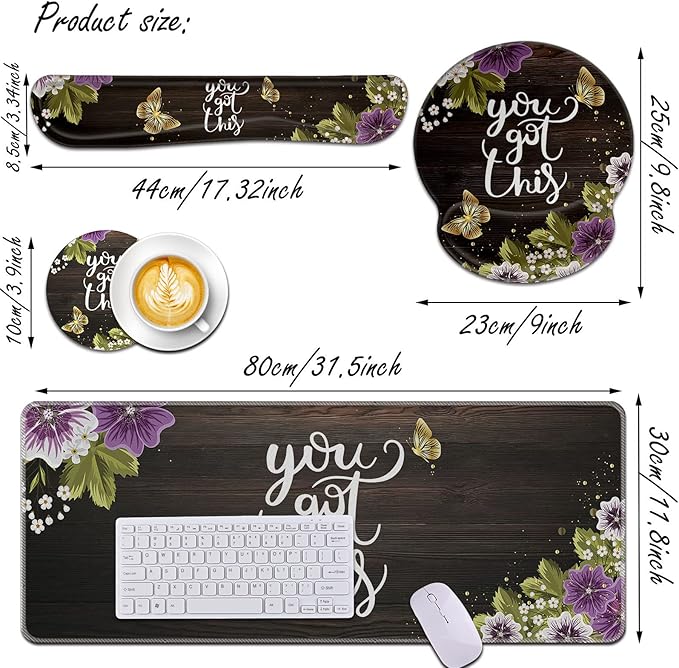 Bxgolkgd Keyboard Wrist Rest and Mouse Pad Wrist Support Set,Ergonomic Memory Foam Wrist Pad & Non Slip Base for Home Office Working Studying Easy Typing,Pain Relief,Flower Butterfly You Got This