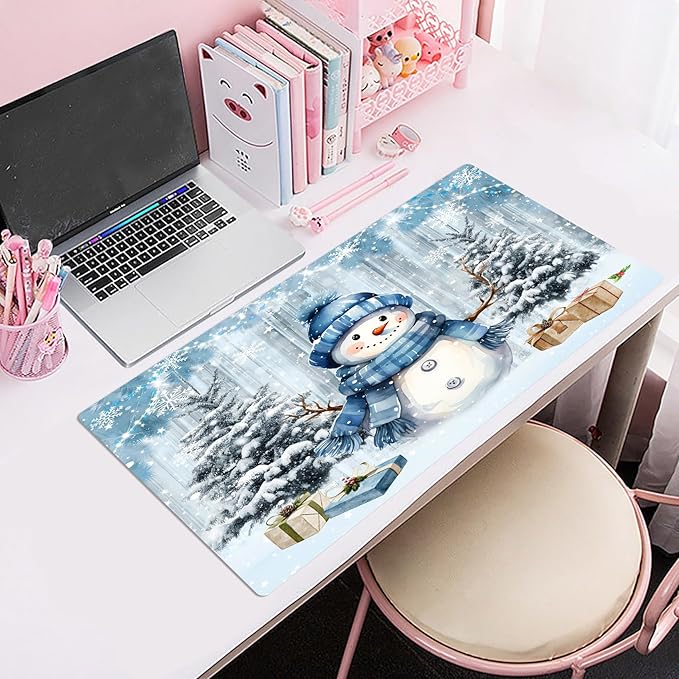 HVEST Cute Christmas Gaming Mouse Pad for Desk, Xmas Tree Snowman Snowflake Desk Mat XL,Large Keyboard and Mouse Pad with Non-Slip Rubber Base and Stitched Edge for Game, Office, Home 31.5'' x 15.7''