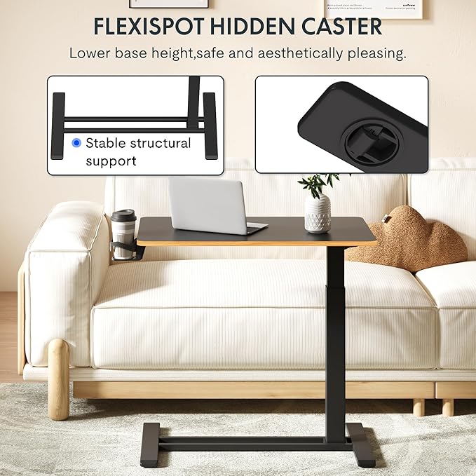 FLEXISPOT Mobile Standing Desk with Wheels Pneumatic Laptop Desk Rolling Computer Cart Movable Height Adjustable Small Sit Stand Desk Computer Workstations Home Use（27.6" W x 15.7" D, Black+Maple
