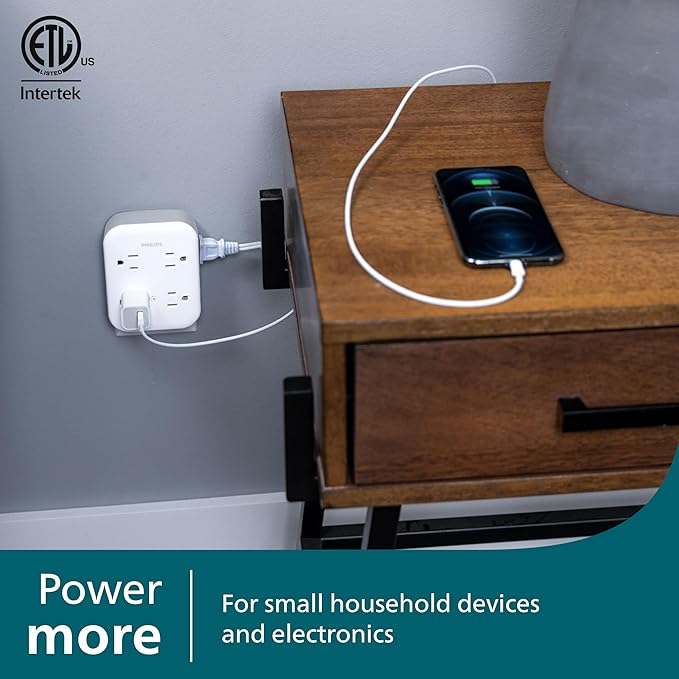 Philips All-in-One Surge Tap, 4 Grounded & 4 Polarized Outlets, 1140 Joules, Adapter-Spaced Design, ETL Certified, White/Gray, SPP3993W/37