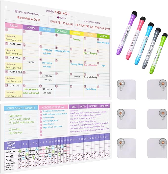 Magnetic Whiteboard for Fridge - Large Dry Erase Calendar for Wall | 2 Magnetic Dry Erase Board 10.5" x 16.5" & 7" x 16.5", Monthly Goal Setting & Habit Tracker, 5 Markers and 6 Adhesive Hooks