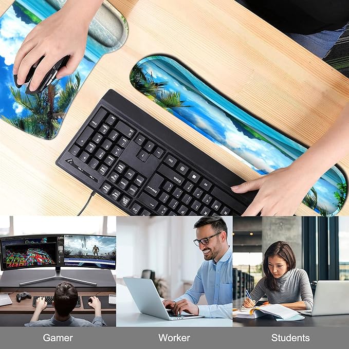 Keyboard Wrist Rest Pad and Ergonomic Mouse Pad Wrist Support Set Ocean Waves Coconut Trees on Sands Beach Seascape Scenery for Gaming, Office, Comfortable and Pain Relief with Coaster Set