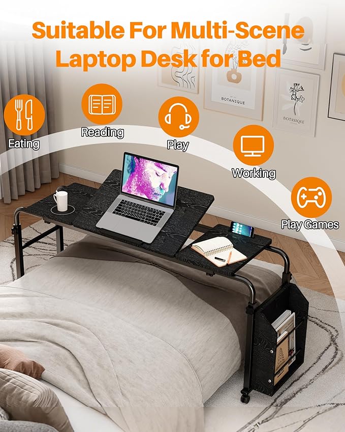 Laptop Desk for Bed,6-Angle Adjustable Overbed Table with Wheels,Adjustable Height and Length Bed Table for Laptop with Side Bookshelf,Standing Desk,Over Bed Desk for Working Hospital Home (Black)