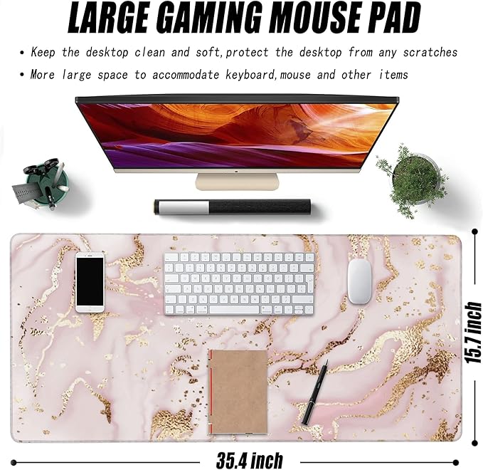 Large Gaming Mouse Pad for Desk, Gold Pink Marble Desk Mat for Desktop, Non-Slip Rubber Base Stitched Edges Long Computer Keyboard Mouse Mat Desk Pad for Home Office Gaming 35.4"X15.7"