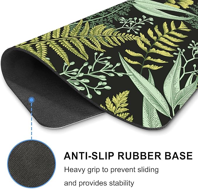 Green Leaf Mouse Pad Cute, Vintage Floral Botanical Plant Rectangular Mousepad Black Aesthetic Nature Herb Office Small Forest Portable Desk Pad Non-Slip Mouse Mat Washable Desk Decor Accessories