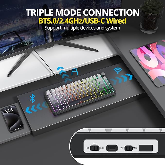 surmen M75 Wireless Mechanical Keyboard,75% Gasket Mounted Gaming Keyboard Pre-lubed Stabilizer with Knob RGB Backlight Hot-Swappable for Mac/Win(MoonNight)