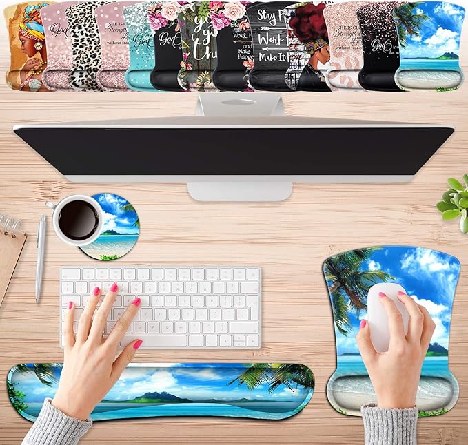 Keyboard Wrist Rest Pad and Ergonomic Mouse Pad Wrist Support Set Ocean Waves Coconut Trees on Sands Beach Seascape Scenery for Gaming, Office, Comfortable and Pain Relief with Coaster Set