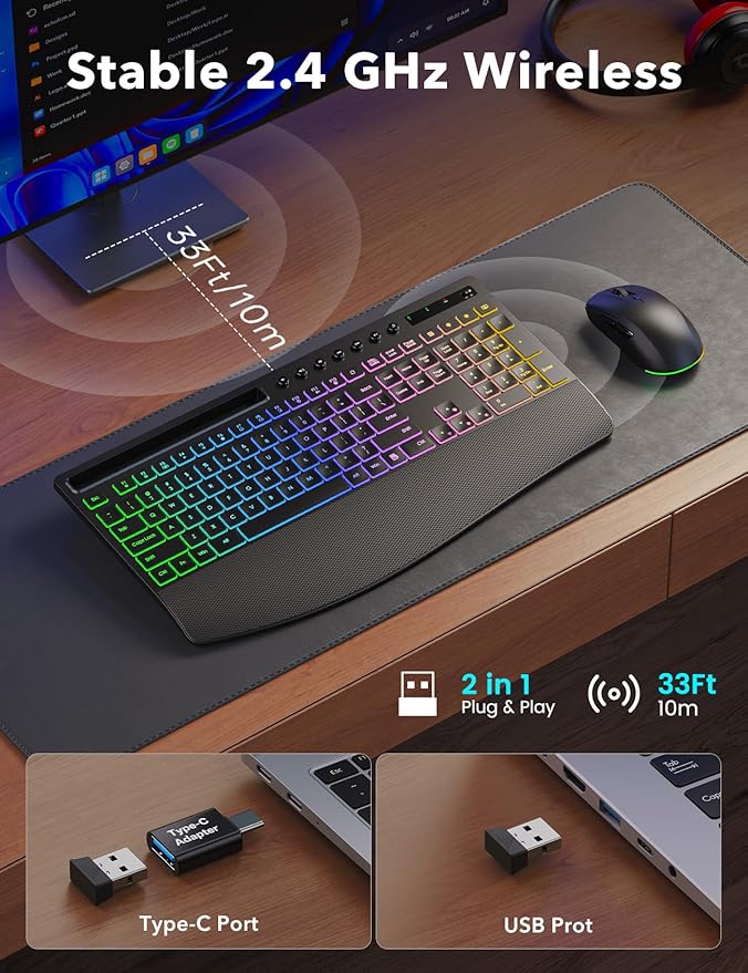 Trueque Wireless Keyboard and Mouse Combo, 4000mAh Rechargeable Backlit Keyboard with Wrist Rest & Phone Holder, Full Size Quiet Typing 2.4G USB-A/Type-C for PC Laptop Windows Mac (Black)