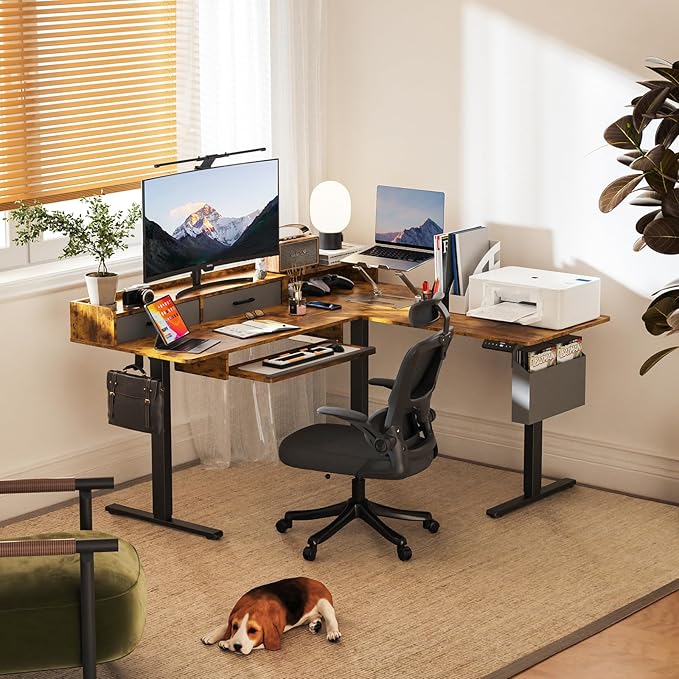 63 Inches Height Adjustable L Shaped Standing Desk with 2 Drawers and Keyboard Tray, Electric Sit to Stand Home Office Comupter Table, Ergonomic Corner Gaming Desk, Rustic Brown