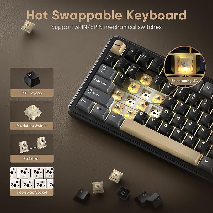 RedThunder K75 Wireless Mechanical Keyboard, CNC Knob, Tri-Mode BT5.0/2.4GHz/USB-C Hot Swappable Custom, Pre-lubed Linear Coconut Switches, Gasket Structure, RGB Gaming Keyboard, Black-Gold