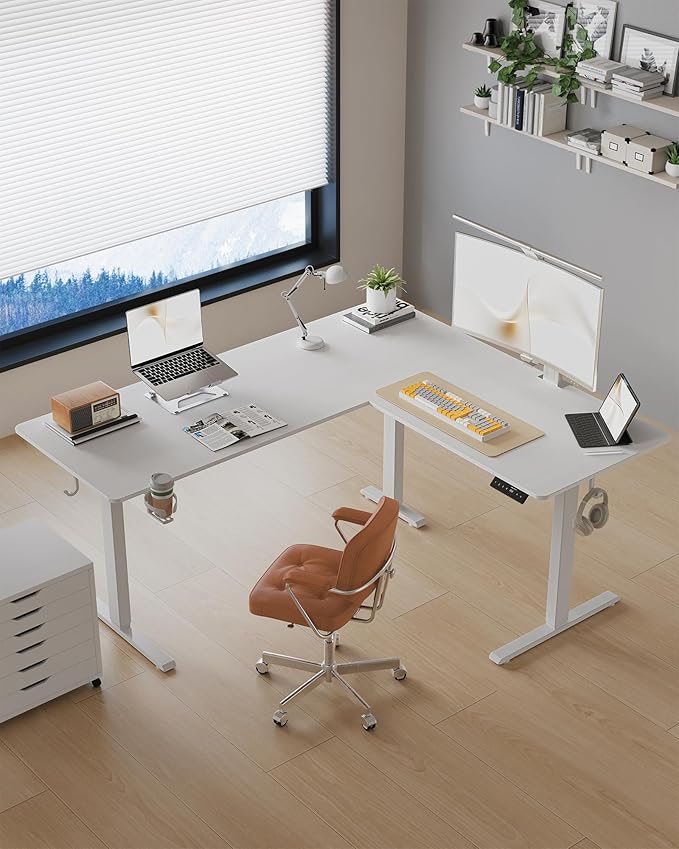 63 Inches Reversible L Shaped Standing Desk for Home Office, Electric Height Adjustable Corner Computer Desk, Sit Stand up Table with Cup Holder, Ergonomic Gaming Desk, White