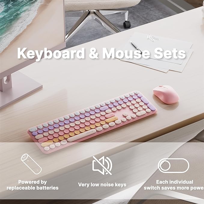 x UBOTIE Wireless Keyboard and Mouse Combo with 110 Round Keycaps, Power Switch, and Scissor-Switch Typing Feel – Ideal for Office Use(Pink Gradient)