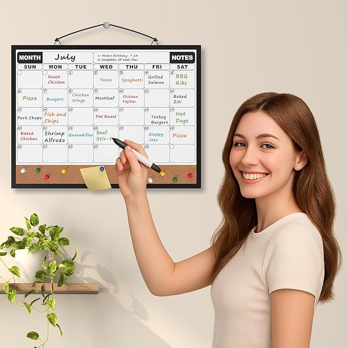 Monthly Calendar Dry Erase Board 16x12 Inch, Double-Sided Whiteboard and Corkboard Combo with Black Aluminum Frame, Wall Mounted Planner Organizer with Markers, Magnets, Push Pins, Eraser