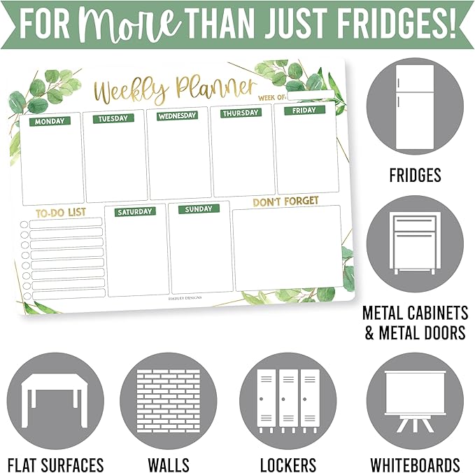 Greenery Dry Erase Weekly Calendar for Fridge - Magnetic Whiteboard, Schedule Board, White Board