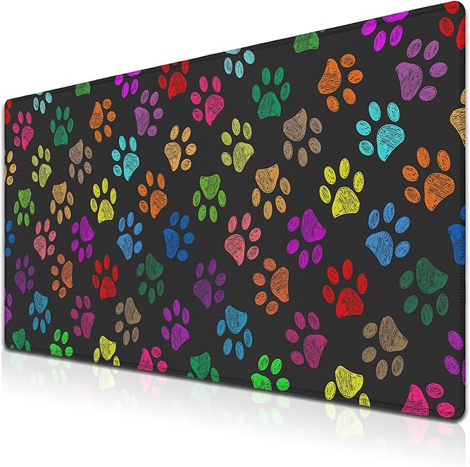 Desktop Mat Black, XXL Mouse Pads Pc Mouse Pad, Mat Mouse Pad Non-Slip Rubber Base Waterproof with Stitched Edges, 35.4 X 15.7 inch for Work/Game/Office/Home Colorful Animal Pets Dog Paw