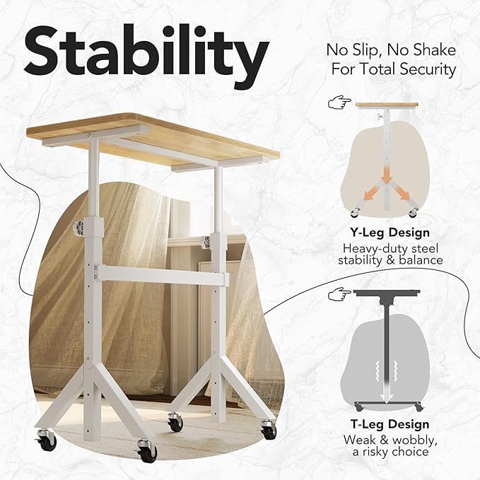 HUANUO 32'' Small Standing Desk with Wheels,28.7"-46.1" Heigh Adjustable Portable Rolling Desks,Mobile Stand Up Desk for Walking Pad and Treadmill,Sit Computer Workstation for Bedroom,Light Walnut