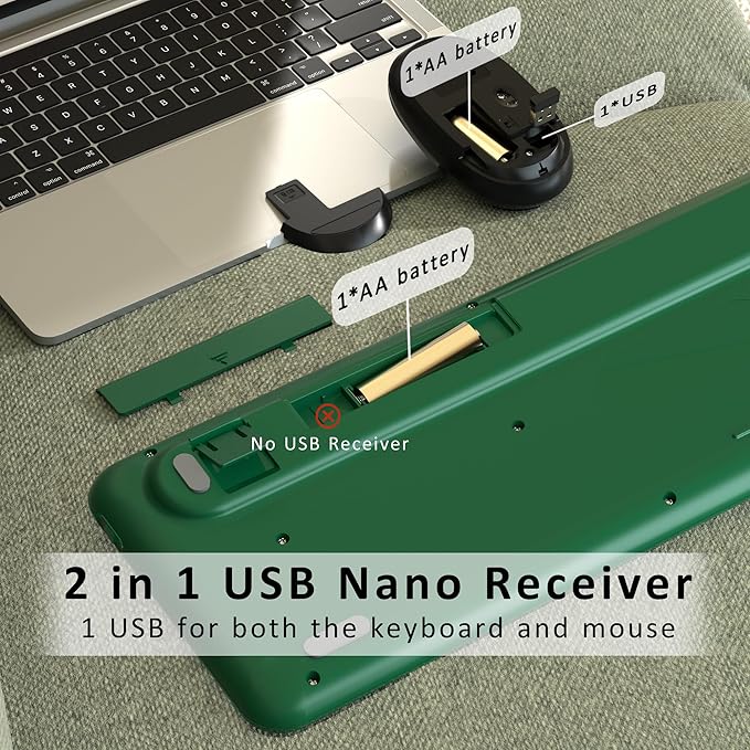 Colorful Wireless Computer Keyboards Mouse Combos, Cute Retro Typewriter Keyboard with Round Keycaps, 2.4 GHz 104 Keys Full-Sized USB/Type C Receiver Keyboard and Optical Mouse（Dark Green）