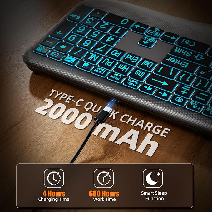 Large Print Backlit Wireless Keyboard – Silent Keyboards with Wrist Rest, 7-Color Light up, Quiet Low Profile Keys, 2.4G Wireless Rechargeable Full Size Keypad for Computer Laptop Windows, Gray