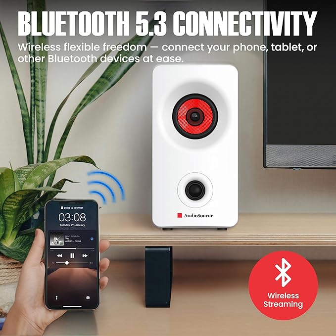 Audiosource Desktop PC Speakers with Bluetooth 5.3, USB-C Plug & Play, 2.0 Stereo Computer Speakers with Dual 2" Drivers, AUX Input, LED Indicator, Compact Design for PC, Laptop & Home Office (White)