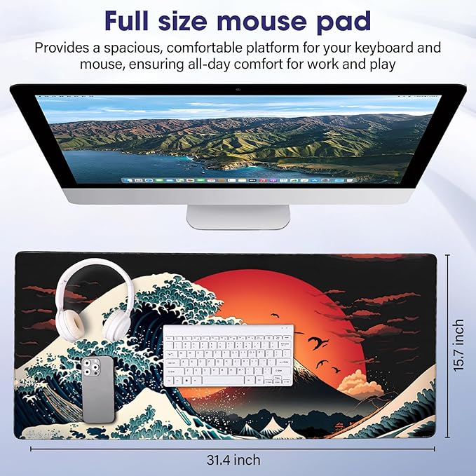 Japanese Sea Wave Large Gaming Mouse Pad – 31.5" x 15.7" Full Desk Mat, Non-Slip Rubber Base, Stitched Edges, Waterproof, Durable Surface for Esports, Office, Home