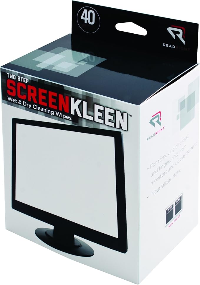 Read Right Kleen and Dry Screen Cleaning Wipes, 40 Twin Wipe Packs per Box (RR1305)