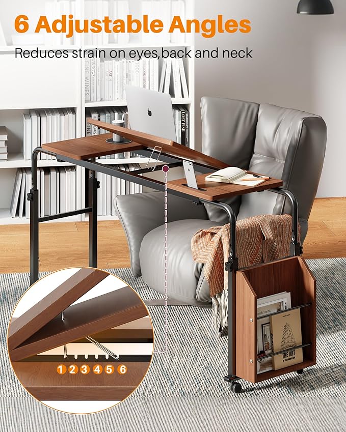 Laptop Desk for Bed,6-Angle Adjustable Overbed Table with Wheels,Adjustable Height and Length Bed Table for Laptop with Side Bookshelf,Standing Desk,Over Bed Desk for Working Hospital Home (Oaken)
