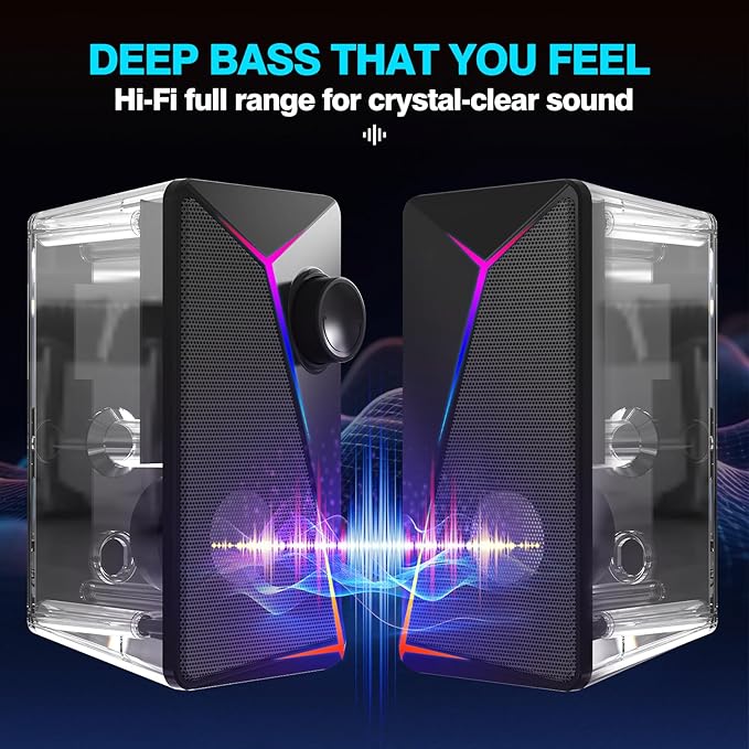 Computer Speakers for Desktop PC, USB-Powered Gaming Speakers for Laptop – Multi Colorful LED Backlight Modes, Stereo Sound for Gamers Music Movies, Indoor & Outdoor Use, 3.5mm AUX Cable