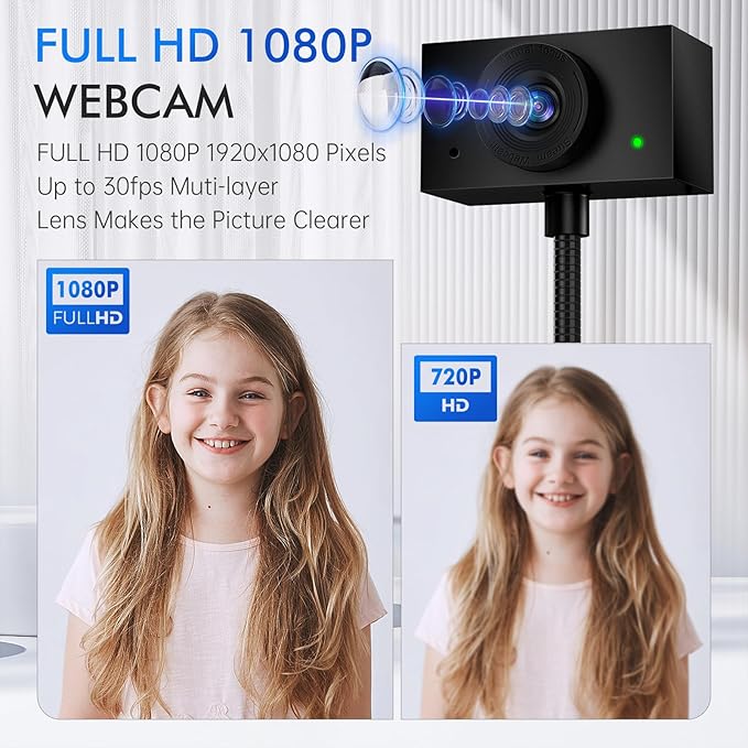 Webcam for PC, Laptop Camera USB Webcam with Adjustable Gooseneck, Flexible Positioning 1080P Computer Camera for Presentation, Desktop Demo, Full-Body View, Video Call, Zoom, Teams, Skype (Black)