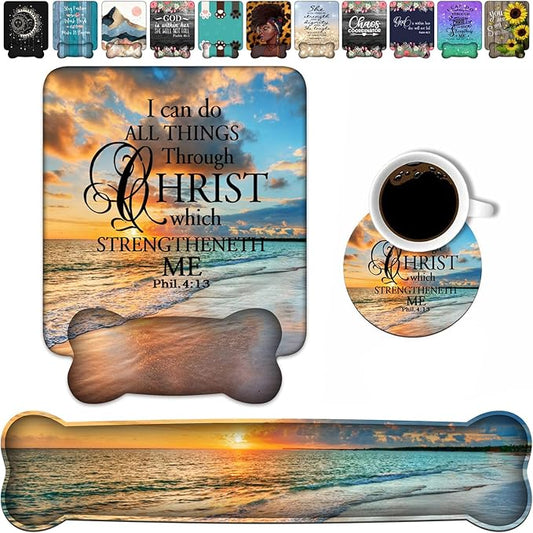 Wrist Rest Support Ergonomic Gel Mouse Pad and Memory Foam Keyboard Set, Non-Slip Rubber PU Base for Home Office Working Studying Easy Typing & Pain Relief, Bible Verse Phil 4:13