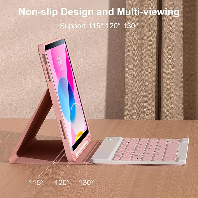for iPad 10th/11th(A16) Generation Case with Keyboard 2022/2025, 10.9 Inch Magnetic Detachable Bluetooth Keyboard Folio Cover, Soft Silicone Lining & Built-in Apple Pencil Holder, Pink