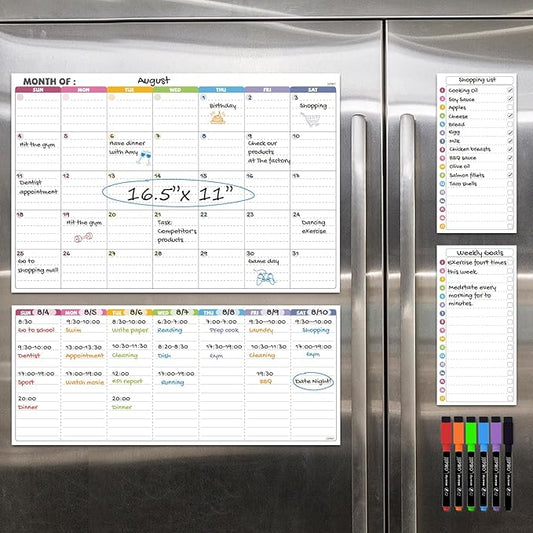 JJPRO Magnetic Dry Erase Monthly Calendar Set for Fridge-Reusable Monthly Calendar,Weekly Planner&Lists for Refrigerator-Starts Sunday-Magnetic Multicolor Monthly Planner Bundle-16.5x11"