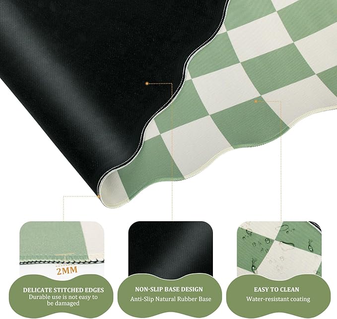 L-SPOUTTO Green Checkered Mouse Pad Set,Scalloped XXL Desk Mat + Ergonomic Mouse Wrist Rest + Gel Keyboard Wrist Rest for Keyboard 65%/75%,3in1 Large Desk Pad for Desktop Home Office Computer Game