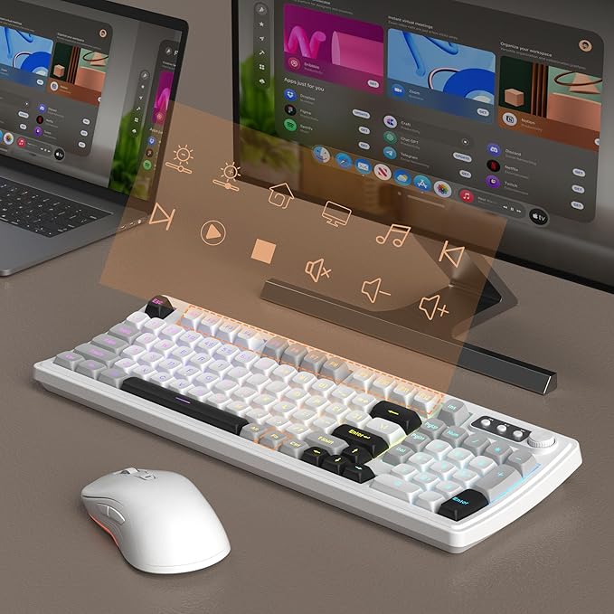MageGee V990 Creamy Wireless Keyboard and Mouse Combo, 99 Keys RGB Backlit Rechargeable Quiet Gaming Keyboard, Adjustable Optical Mouse, with Number Pad, Keyboards Set for Desktop, Laptop, PC(White)