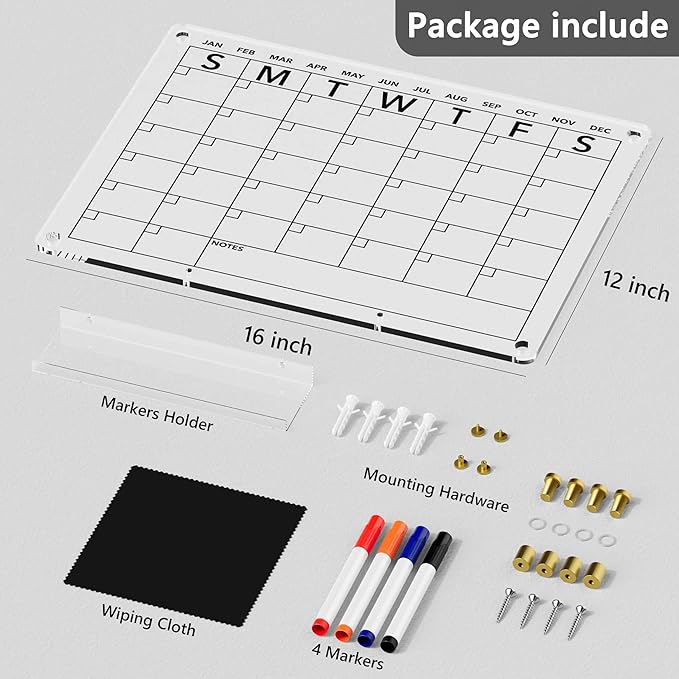 Acrylic Dry Erase Calendar Whiteboard for Wall, 16"x12" Clear Monthly Planner White Board, w/ 4 Colors Markers