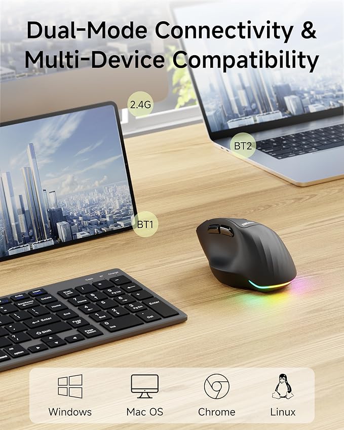 C2 Ergonomic Wireless Mouse, Rechargeable Bluetooth & 2.4G Dual Mode Computer Mouse with RGB, Quiet Clicks, 5 Adjustable 4000 DPI, Comfortable Grip for Laptop, PC, Mac, Office - Black