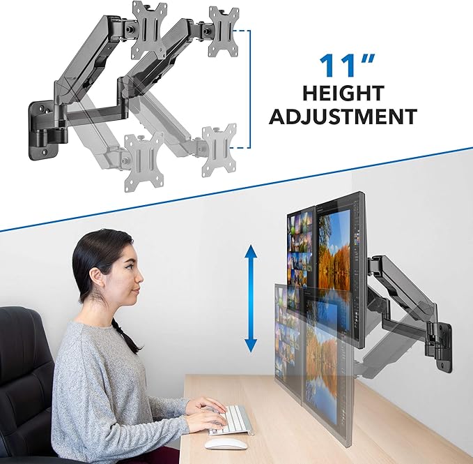 Mount-It! Dual Monitor Wall Mount Bracket - Double Computer Monitor Wall Mount With Two Height Adjustable Full Motion Arms Tilt up to 17" - 32" Inch Screens with 75, 100 VESA Patterns, 19.8 Lb Per Arm
