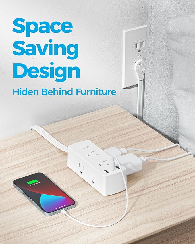 Flat Extension Cord 10ft, Olcorife Flat Plug Power Strip with 6 Outlets 3 USB Ports(1 USB C), 3-Side Outlet Extender Surge Protector for Home Office Dorm Room Essentials, White