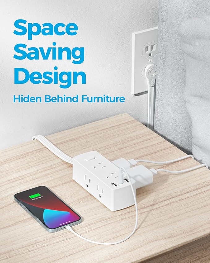 Flat Extension Cord 20ft, Olcorife Flat Plug Power Strip with 6 Outlets 3 USB Ports(1 USB C), 3-Side Outlet Extender Surge Protector for Home Office Dorm Room Essentials, White