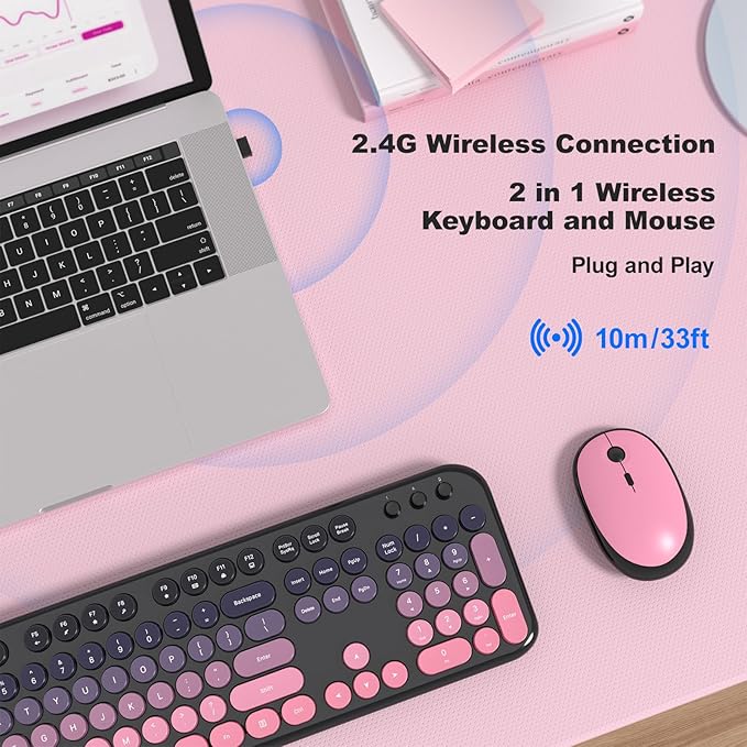 MOFII Wireless Keyboard and Mouse Combo - Rose-Pink Gradient Full-Sized Plug and Play Colorful Computer Keyboards - 104 Keys Round Keycap USB 2.4G Cute Keyboard for Windows/Laptop/Mac/Desktop/PC