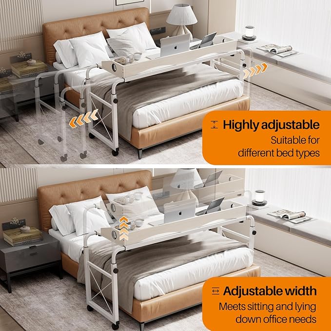 BYMECOST Laptop Desk for Bed, Adjustable Height & Length Laptop Bed Table,Overbed Table with Wheels for Queen Size Beds,Rolling Standing Desk,Over Bed Desk for Working Reading Eating (White)