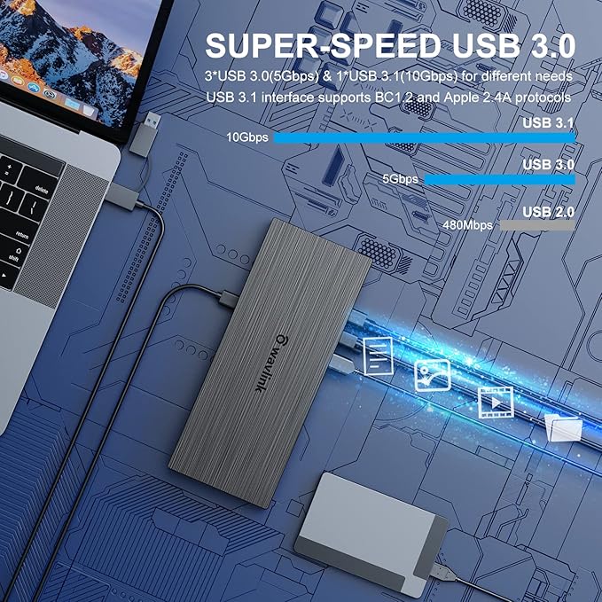 WAVLINK DisplayLink Laptop Docking Station - Quad Monitor 5K/4K@60Hz, 100W Charging - Thunderbolt 4/3, USB-C/A - M1-M5 Mac/Windows/Chrome/Ubuntu - 4 HDMI, 4 DP, 180W Power, SD 4.0 CR, 2.5Gbps LAN