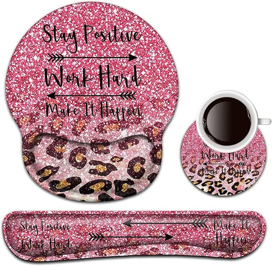 Keyboard Wrist Rest and Mouse Pad with Wrist Support, Ergonomic Gel Mouse Pad Coaster,Easy Typing Pain Relief, Memory Foam Keyboard Mousepad Set,Pink Faux Glitter Leopard
