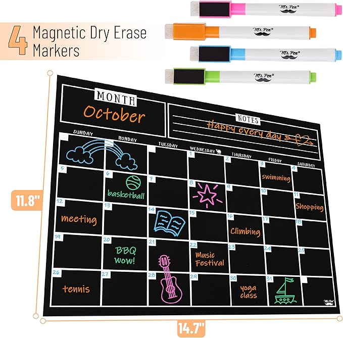 Mr. Pen- Dry Erase Calendar for Fridge, Magnetic, 14.7 x 11.8, Magnetic Calendar with 4 Dry Erase Markers, Magnetic Calendar for Fridge, Magnetic Whiteboard Calendar, Dry Erase Fridge Calendar