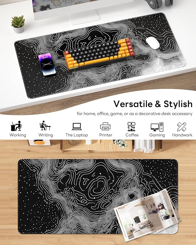 XL Gaming Mouse Pad, 31.5x15.7'' Large Desk Mat with Anti-Slip Rubber Base & Stitched Edges for Gaming, Office, Home, Linear Map