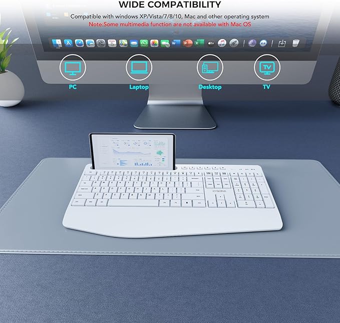 KYSONA 5th Gen Wireless Keyboard,2.4G Full-Sized Cordless Ergonomic Keyboard with Wrist Rest, Phone ipad Holder, Adjustable Angle, Compatible with Laptop/PC/Mac/Windows, White