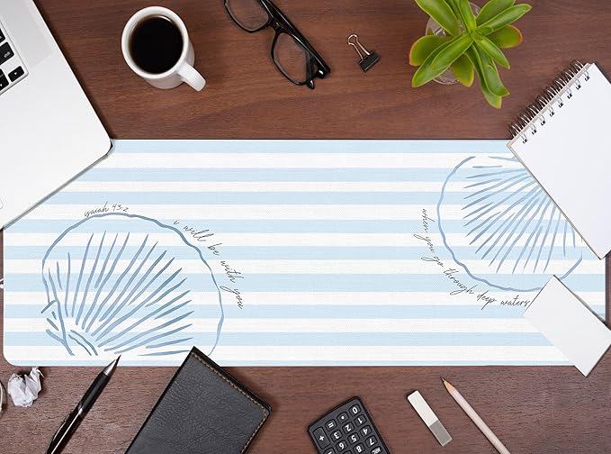 Coastal Mouse Pad Summer Blue Desk Mat, Christian Beach Large Desktop Mats for Desk, Blue and White Long Laptop Keyboard Mat Cute Seashell Gaming Desk Pad Mat Coastal Decor for Office Dorm 31.5x11.8